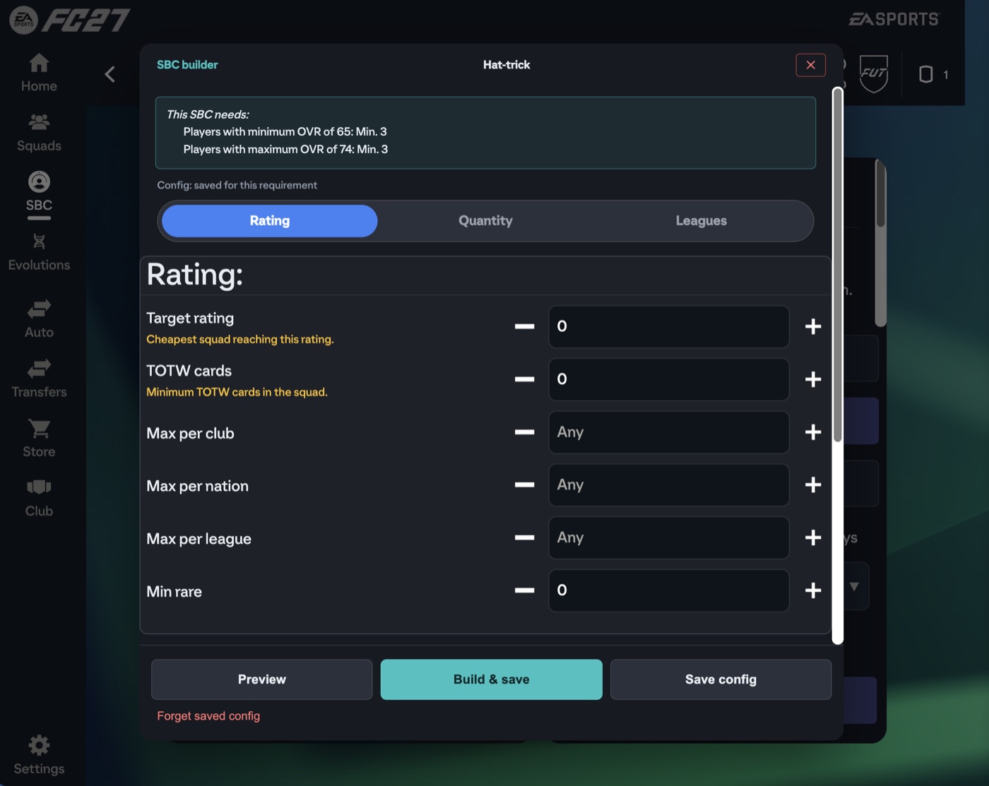 ABFut SBC builder, Rating mode: target rating, TOTW cards, max per club, nation and league