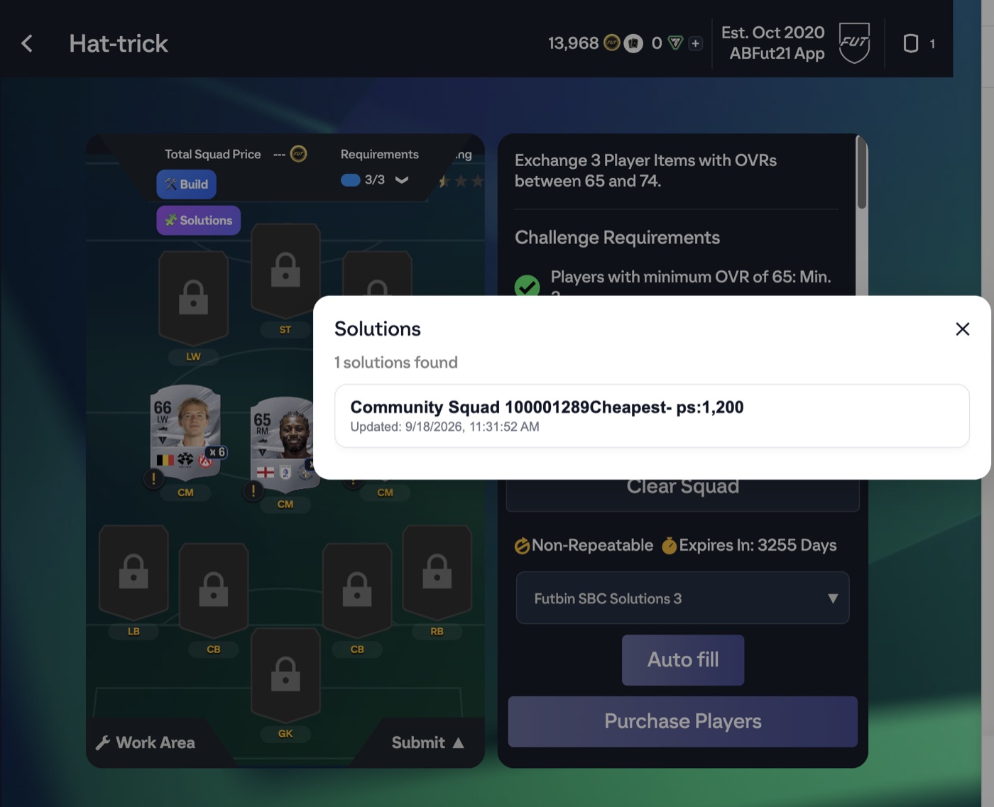ABFut Solutions list for an SBC, with Auto fill and Purchase Players buttons